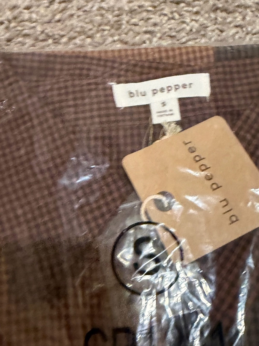 Blu Pepper Brown and Tan Plaid Color Block Button Down oversized small NWT - Picture 5 of 13